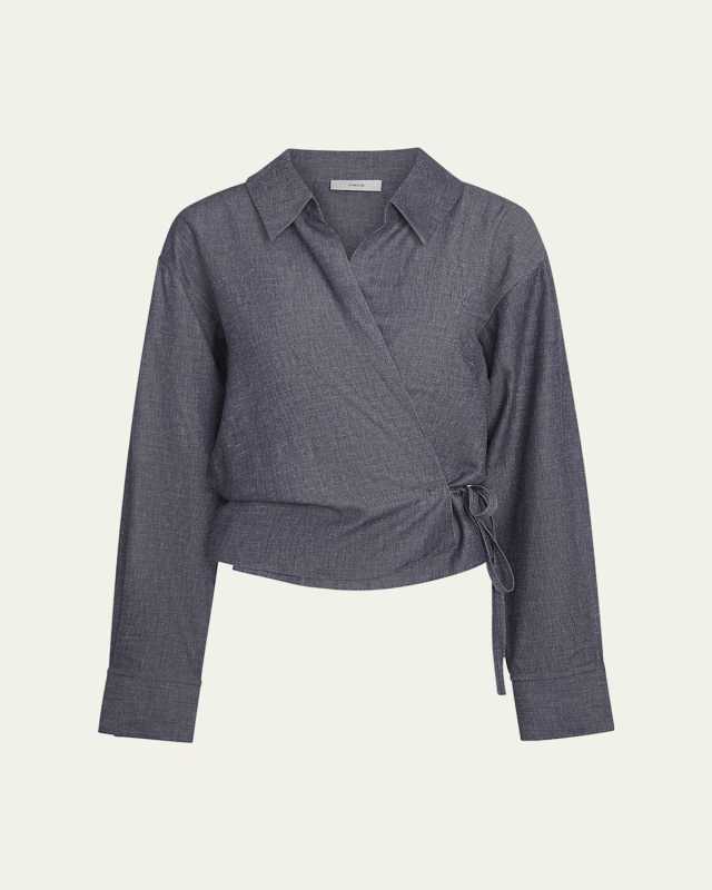 Collared Linen-Blend Wrap Top